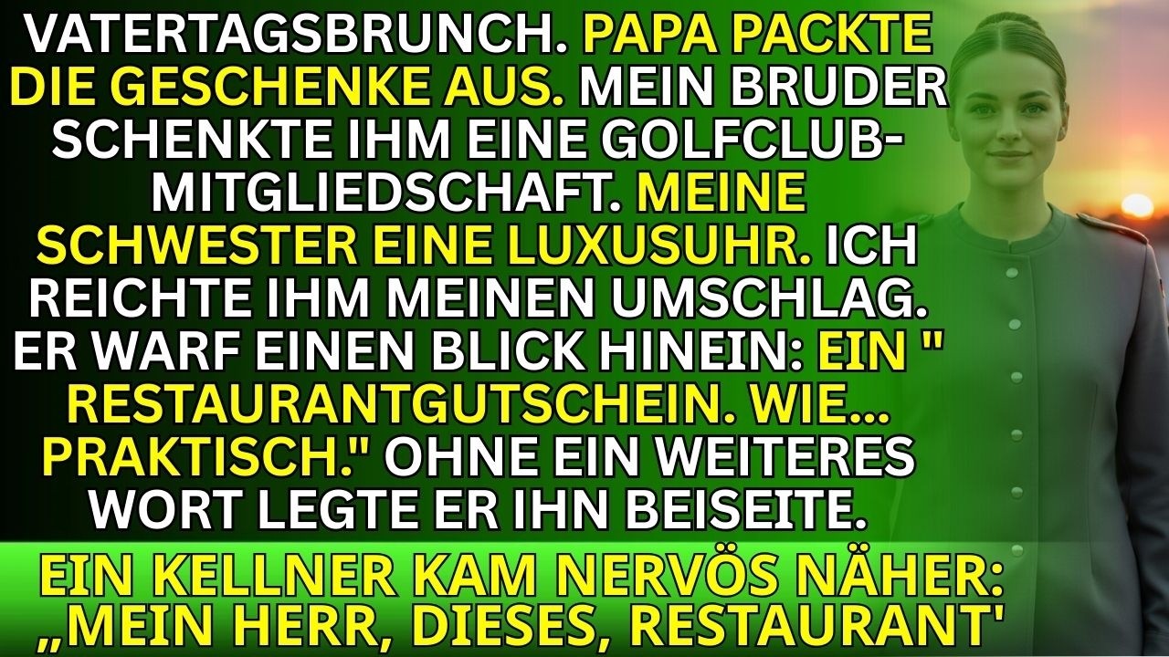Mein Vater: „Restaurantgutschein? Wie praktisch.“ Dann erstarrt der Kellner: „Mein Herr…“