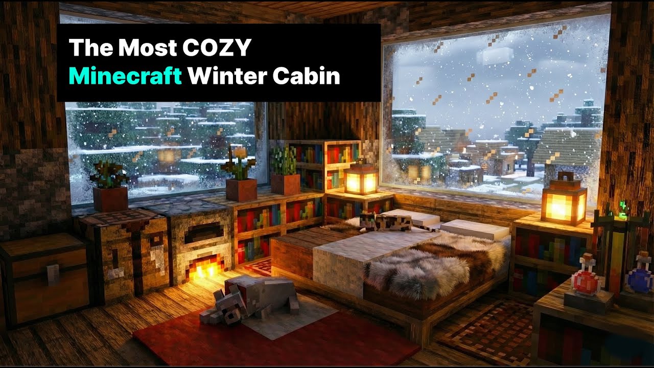 The Most COZY Minecraft Winter Cabin ❄️ Blizzard & Fireplace Sounds  Realistic Ambience RTX ON