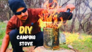 Solo Overnight Camping: making a Wood Rocket stove from (tin-can) I was almost Attacked by Huge Boar