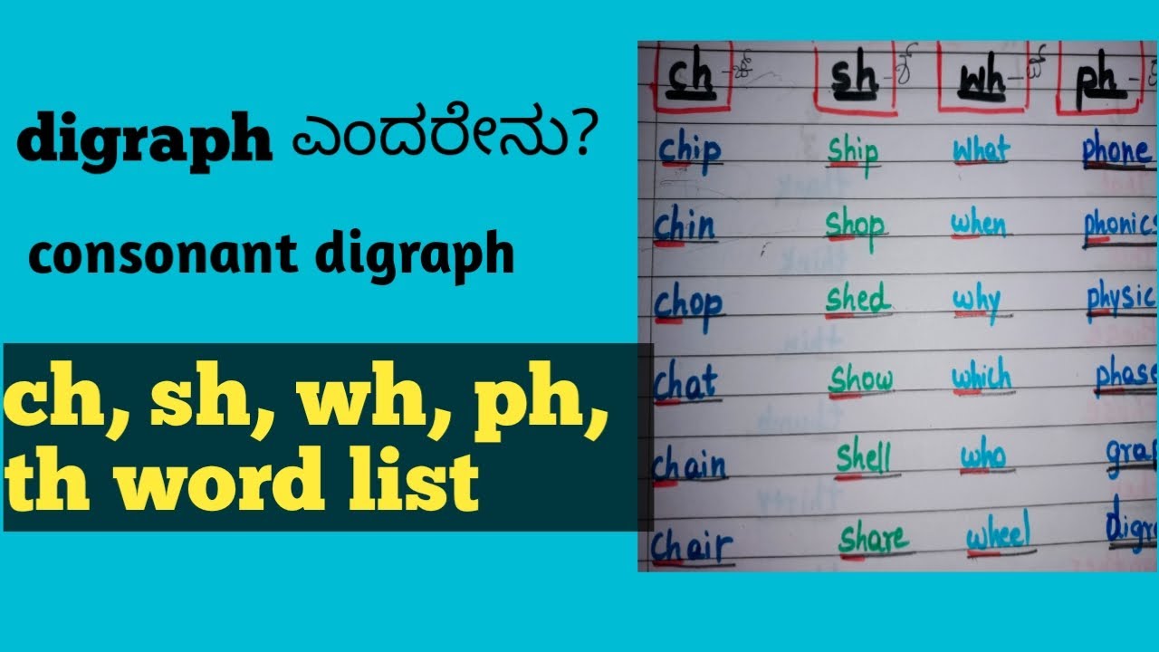 Consonant digraph||ch, sh, wh, ph, th word list||phonics in ಕನ್ನಡ ||How to teach kids to read