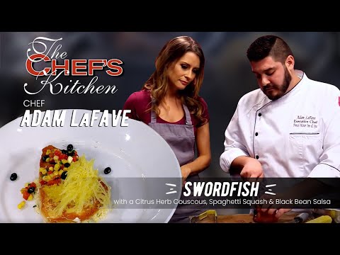 Chef Adam LaFave- SwordFish with a Citrus Herb Couscous, Spaghetti Squash & Black Bean Salsa