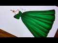 تعلم رسم فستان سهرة جميل باللون الأخضر سهل جدا بالخطوات رسم فساتين 