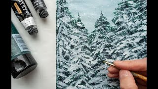 Snowy Winter Forest Acrylic Painting For Beginners Zasněžený Les Akrylovými Barvami