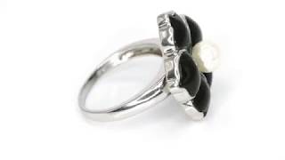 Pearl and Black Onyx Flower Design Sterling Silver Ring
