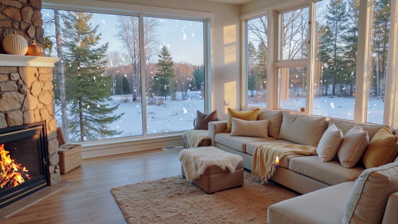 Cozy Winter Lake Cabin Night Soundscape ❄️🎹 | Relaxing Piano, Crackling Fire, and Falling Snow