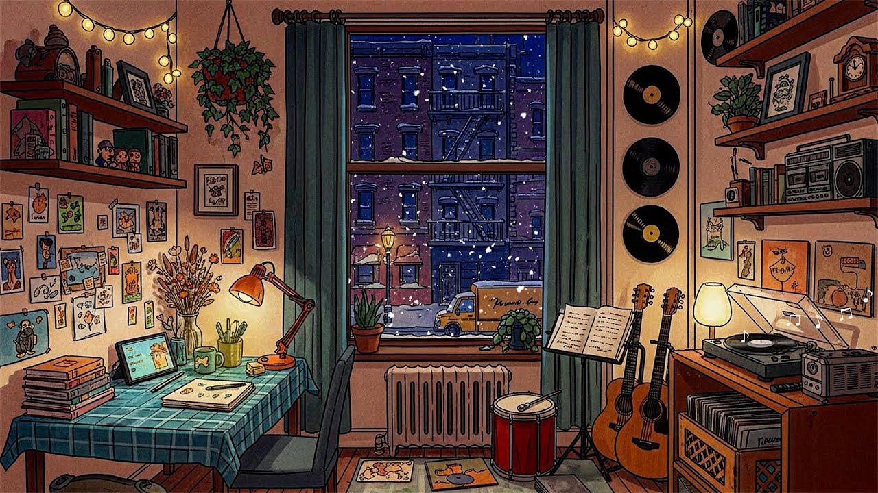 Snowy Paris Night  with Oldies Playing in Another Room | Cold, Breezy Winter Ambience to Unwind