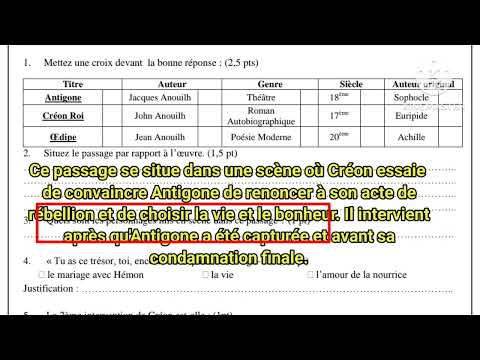 1bac Antigone contrôle N1 semestre 2 compréhension et langue