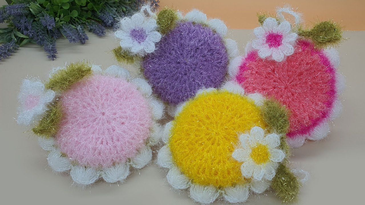 꽃 장식 평면 수세미 뜨기 [수세미코바늘] flower crochet /  Crochet Dish Scrubby