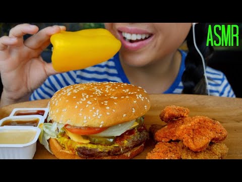 ASMR Cheesy Cheeseburger + Crunchy Yellow Pepper ♥ Chicken Nuggets ♥ 먹방 No Talking suellASMR