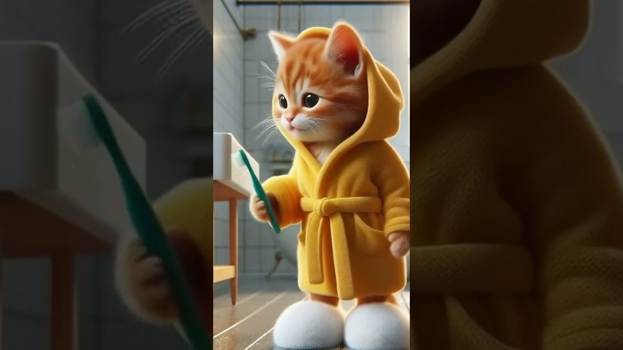 Kitty is brushing her teeth 