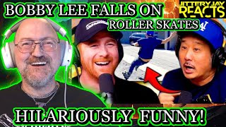 Andrew Santino CAN'T STOP LAUGHING After Bobby Lee Falls on Roller Skates - Reaction