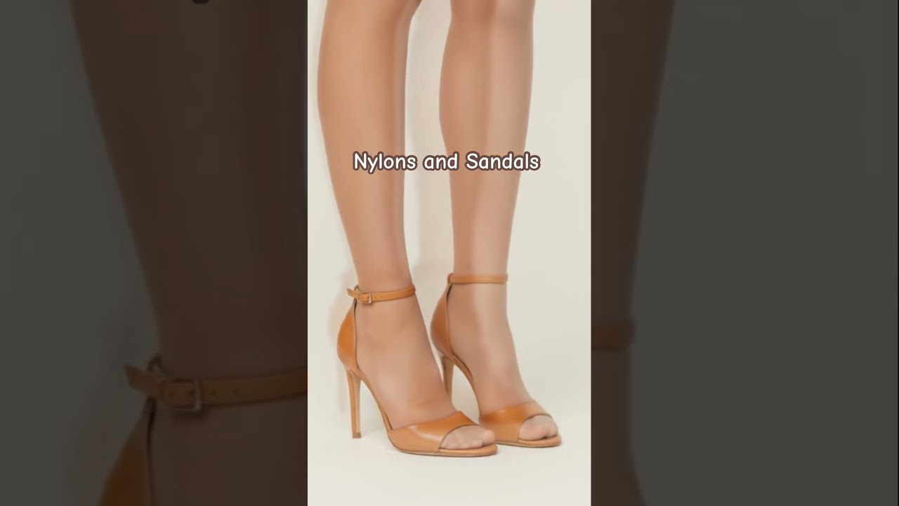 Sheer nude nylons pantyhose stockings tights legs high sandals heels girl model