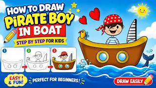 How to Draw a Pirate Boy in a Boat 🚤🏴☠️ | Easy Step by Step Drawing for Kids
