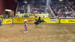West Texas College bull rider Dawson &quot;Sticky&quot; Gleaves scores 74.0 points on Damage Control