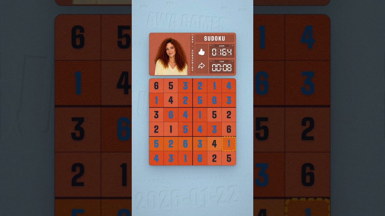 LinkedIn Mini Sudoku #164 solved board for January 22, 2026, 6x6 grid