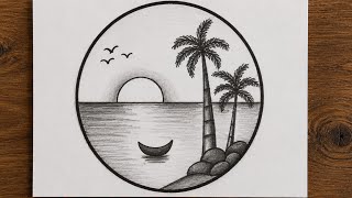 How to Draw Sunset Beach Scenery in Circle | Easy Pencil Shading Art