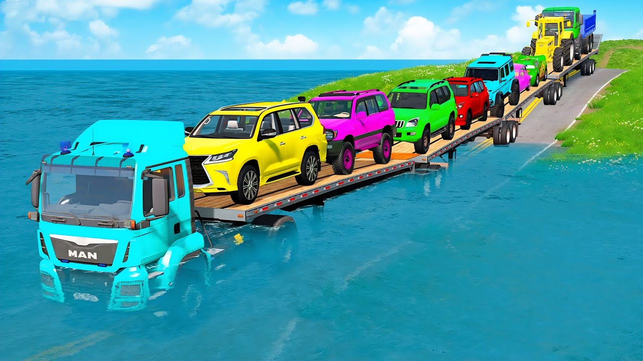 Triple Flatbed Trailer McQueen Transportation with Truck - Speedbumps vs Cars vs Train - BeamNG #11