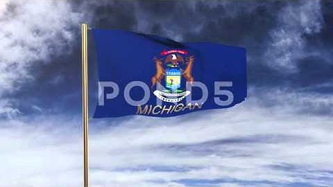 Michigan Flag With Title Waving In The Wind. Looping Sun Rises Style. Animation