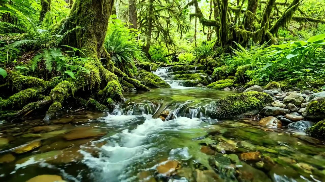 Gentle Stream Flowing in Green Forest, Birds Singing Softly, Ten Hours of White Noise for Sleep