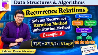 Solving Recurrence Relations Using Substitution Method | T(N) = 2T(N/2) + N LogN | Example 8 | DSA