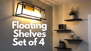 Floating Shelves Set of 4 | Rustic Wall Mounted Storage Shelves with Gold Metal | Installation