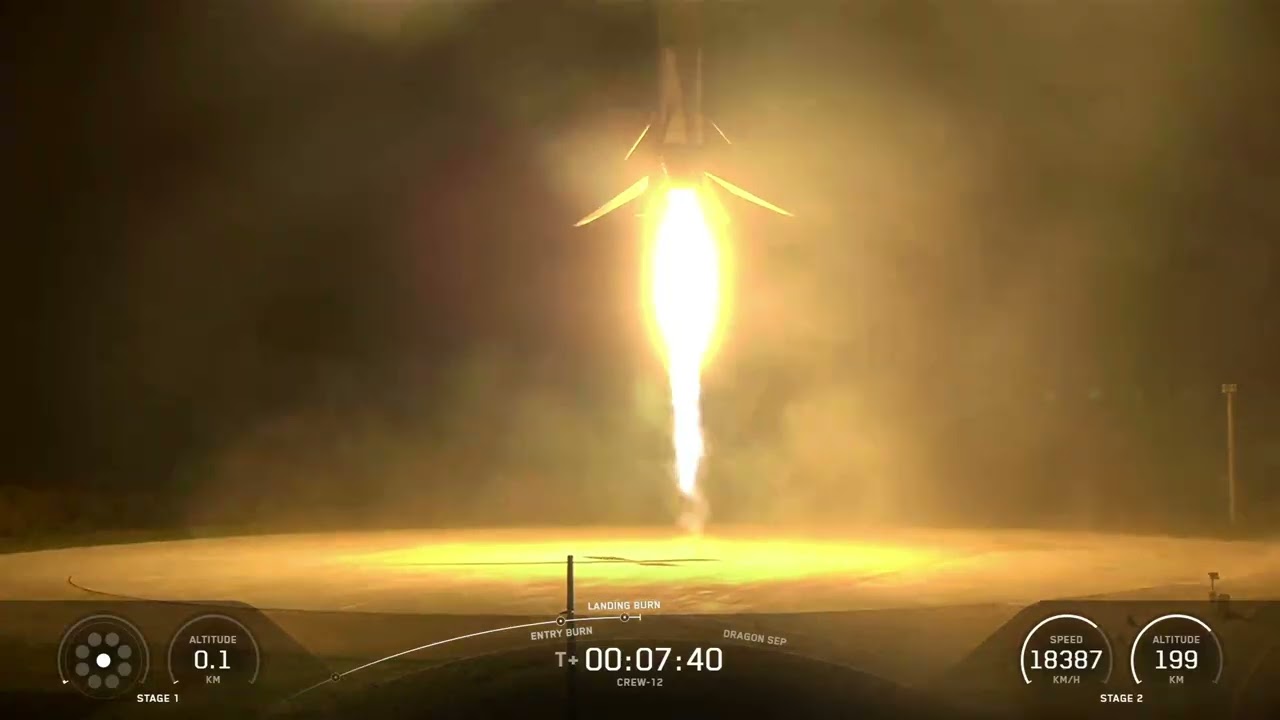 Видео запуска SpaceX Crew-12 (от старта к орбите)