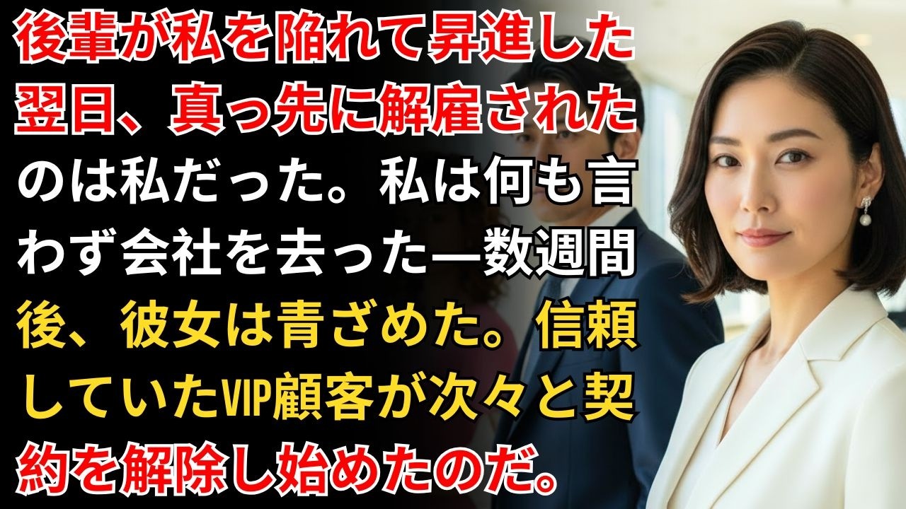後輩が私を陥れて昇進した翌日、真っ先に解雇されたのは私だった。私は何も言わず会社を去った――数週間後、彼女は青ざめた。信頼していたVIP顧客が次々と契約を解除し始めたのだ。【職場の修羅場】【静かな選択