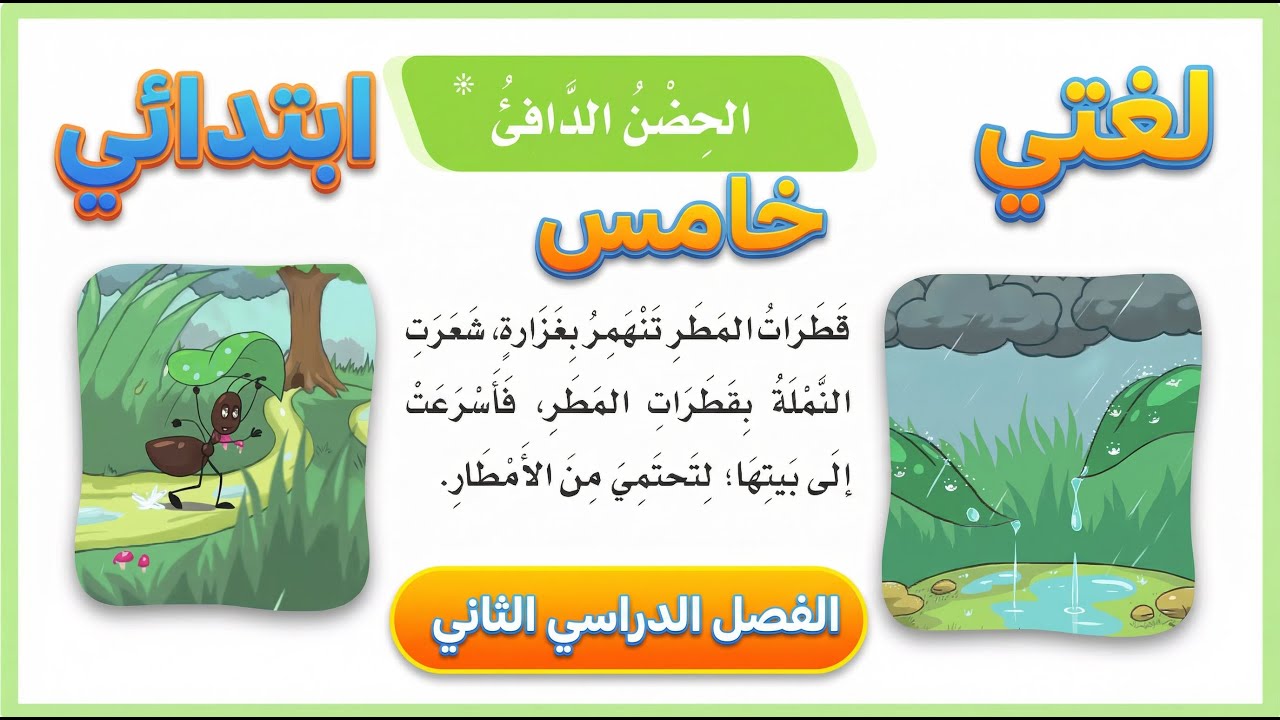 لغتي| درس الحضن الدافيء| خامس ابتدائي| الفصل الثاني| المنهج السعودي| قطرات المطر تنهمر| قصص اطفال