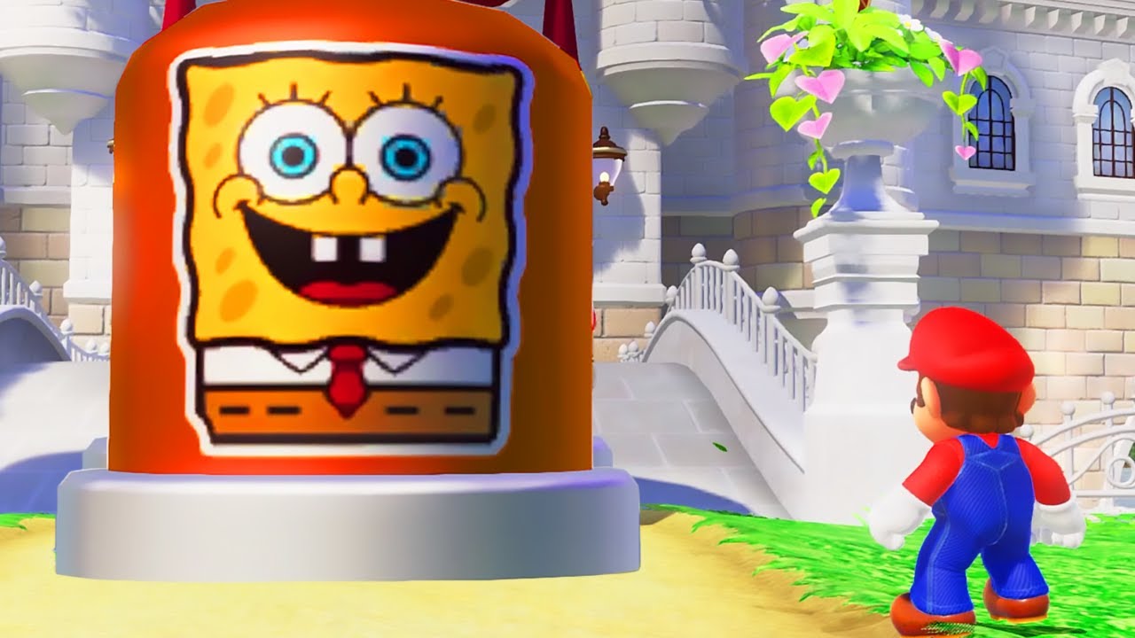 What happens when Mario presses the SpongeBob-Switch in Super Mario Odyssey?