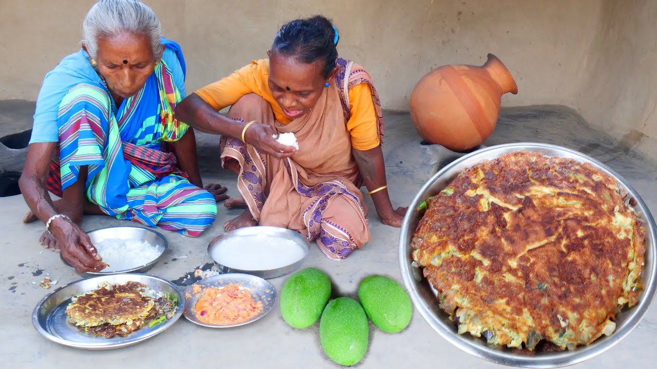 Summer season tribal most common morning breakfast with Panta vat, Egg omelette by tribe Grandmother