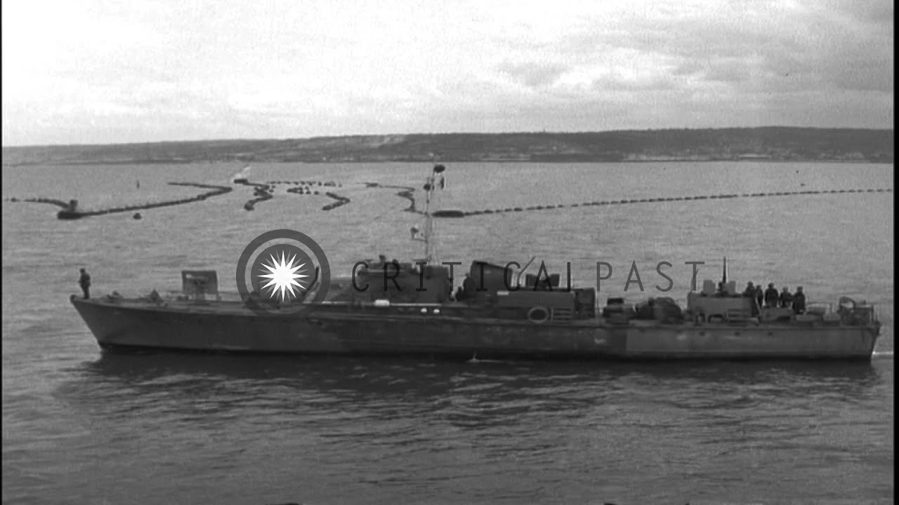 British mine sweeping fleet in operation, Cherbourg, France during