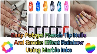 Makartt Blooming Inks! and French  Tip Polygel Nails! Using DUAL FORMS! Smoke Effect, Rainbow Nails!