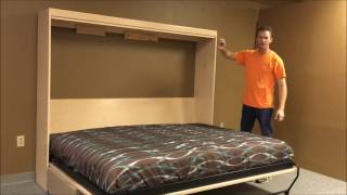 Sideways murphy bed with a sofa in front of it. The sofa has storage for pillows and linens.