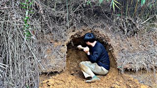 Full video of 10 days of building an underground shelter alone. There is a warm fireplace