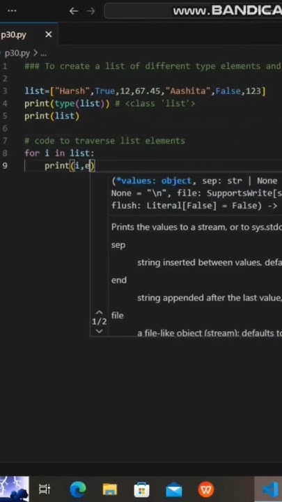 Create a list of different elements and display the type & elements of ...