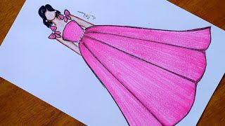 رسم فستان سهرة وردي جميل سهل جدا بالخطوات للمبتدئين | رسم فساتين | رسم سهل