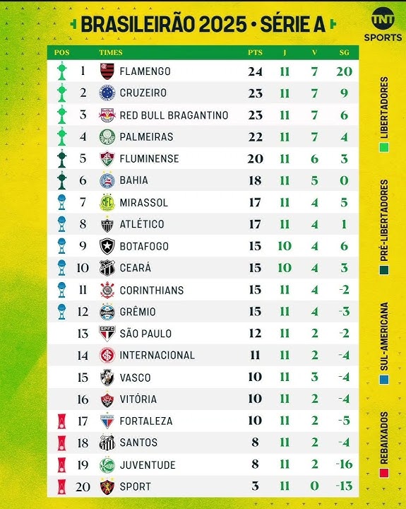 Tabela classificação do brasileirão serie A 2025 após a  11° rodada