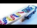 マーブルランレースASMR ☆ HABAスロープ ダンプトラック 、ゴミ収集車 & スケルトン SUV 車