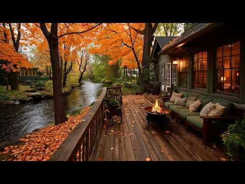 Autumn Relaxation by the Water | Cozy Cabin Porch, Fire Sounds & Forest Birds