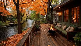 Autumn Relaxation by the Water | Cozy Cabin Porch, Fire Sounds & Forest Birds