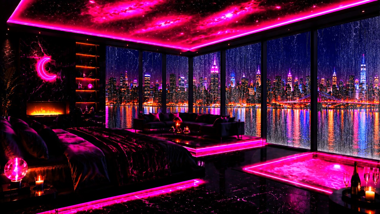 🌙 Midnight in a Luxury Penthouse Bedroom 💜 Rain ASMR, Jacuzzi & Cozy Fireplace for Deep Sleep