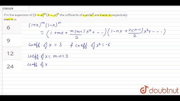 if in the expansion of `(1+x)^m (1-x)^n` the cofficients of x and` x^2` are 3 and -