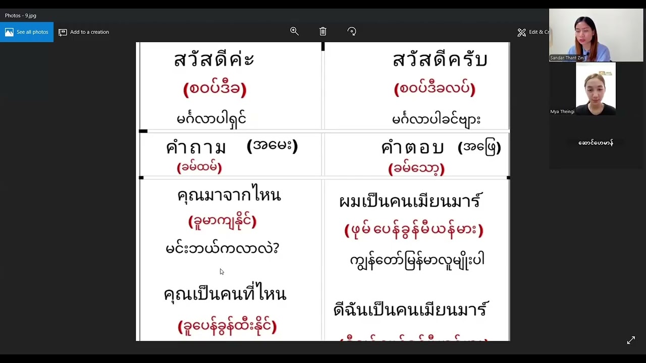 ထိုင်းလိုမိမိကိုယ်ကိုမိတ်ဆက်ခြင်း(သင်တန်းထဲကပုံရိပ်များ)