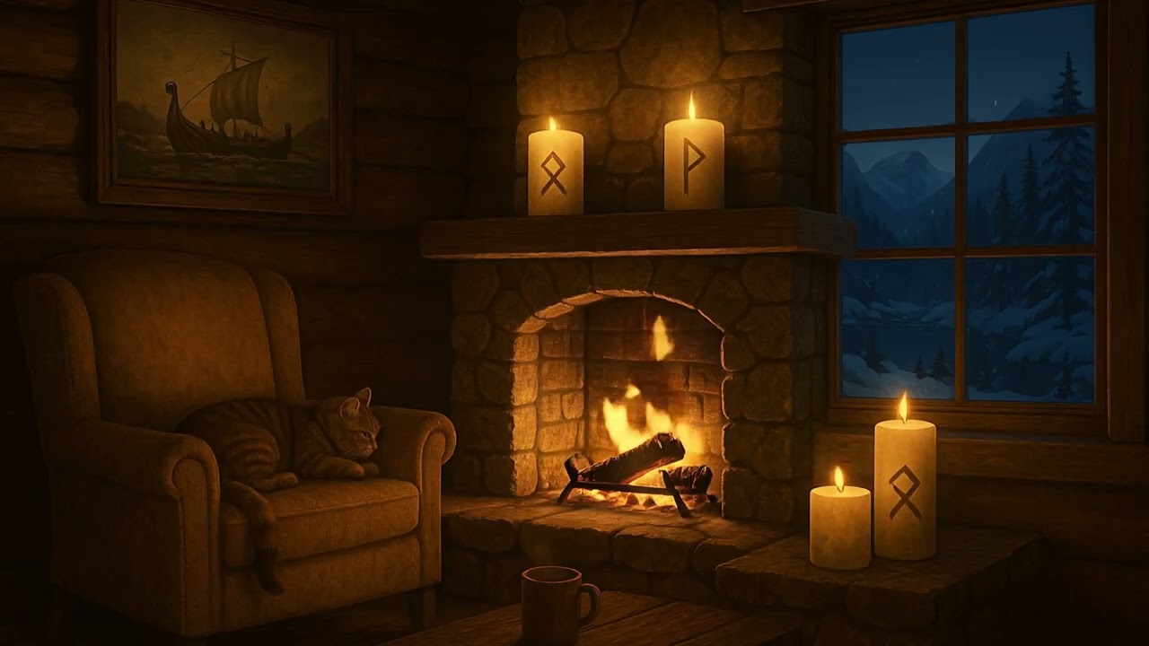 ❄️🔥 Relaxing Nordic Music | Winter Lodge Fireplace & Snowy Night Ambience (1 Hour)