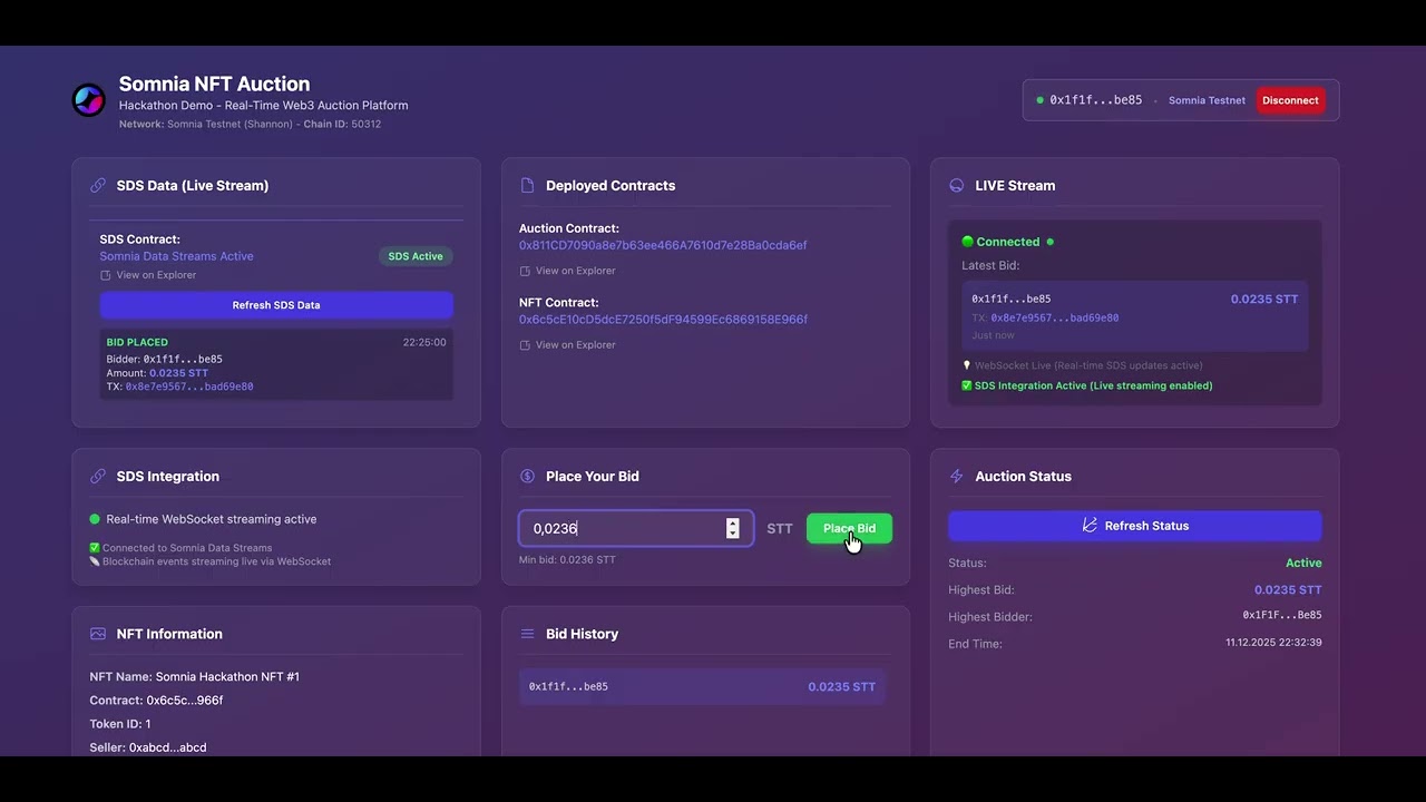 Somnia NFT Auction House - Real-time Bidding with Data Streams | Hackathon Demo