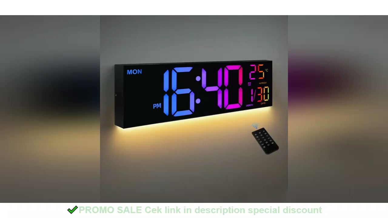 16" Large Digital Wall Clock, Big LED Display with Remote, 8 RGB Color, Alarm, DST, Temperature for