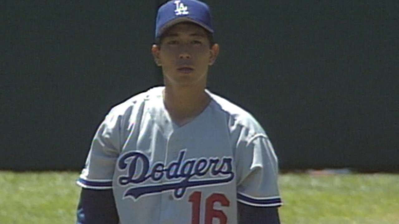 Hideo Nomo records his first K in the Majors 