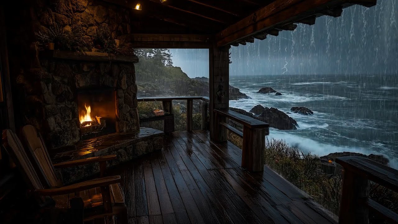 Stormy Ocean Porch at Night 🌧️ Cozy Fireplace, Heavy Rain & Waves for Deep Sleep