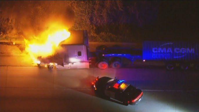 Stolen Big Rig Bursts Into Flames During Police Pursuit