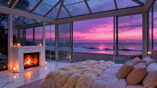 💕🌊 Pink Sky Beach Night ✨ Fall Asleep Fast with Healing Sleep Music, Ocean Waves & Fireplace